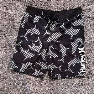 Hurley Boy's Black and Gray Checkered shark Swim Shorts size 10